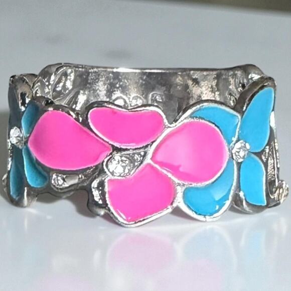 Silver and  Pink & Blue Enamel Flower Size 7 New - Picture 1 of 7